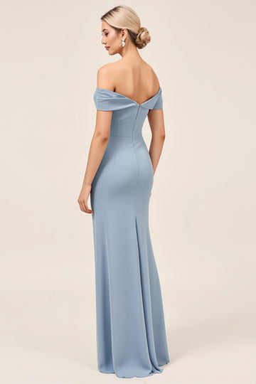 Chiffon Dusty Blue Ruched Off The Shoulder Long Bridesmaid Dress with Slit